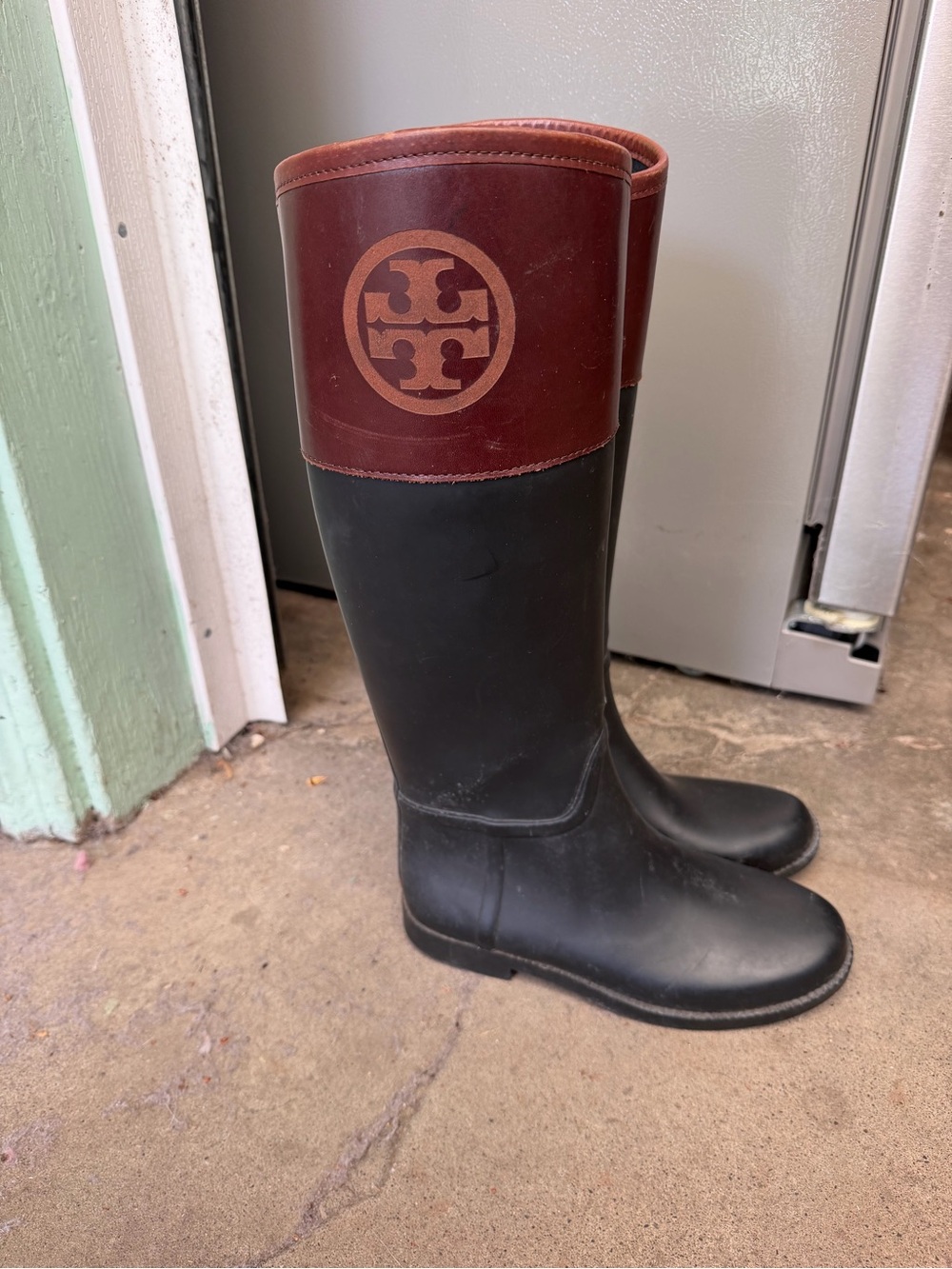 Tory Burch Black Rubber Tall Boots with Brown Leather Cuff and Logo